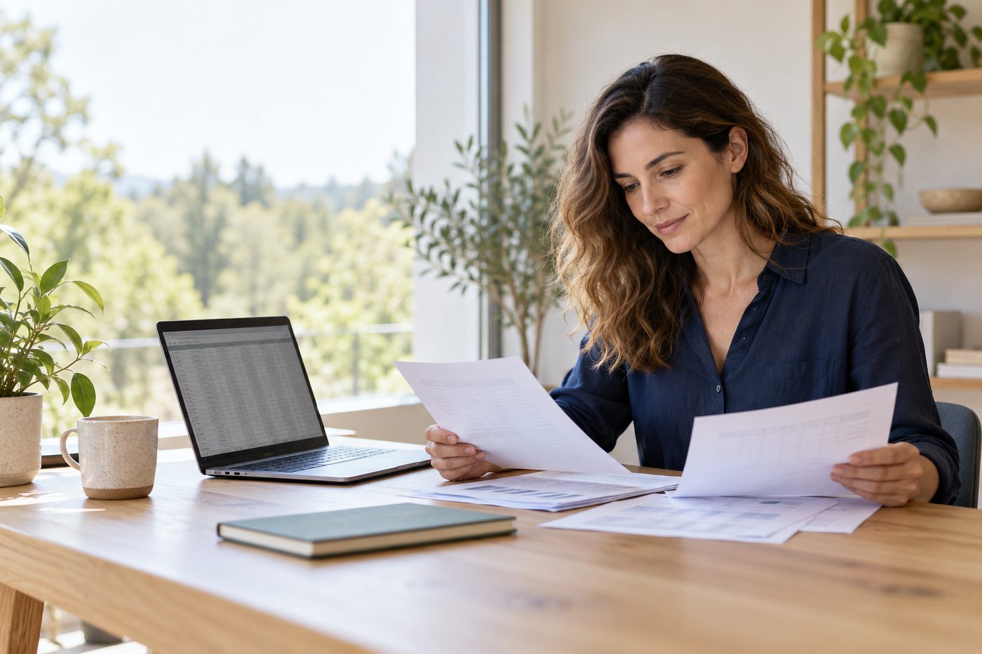 Business owner reviewing financial reports in a bright workspace